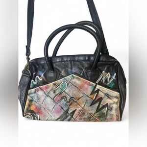 BOTARY Black Leather Hand-Painted BAG WITH REMOVABLE CROSS BODY STRAP